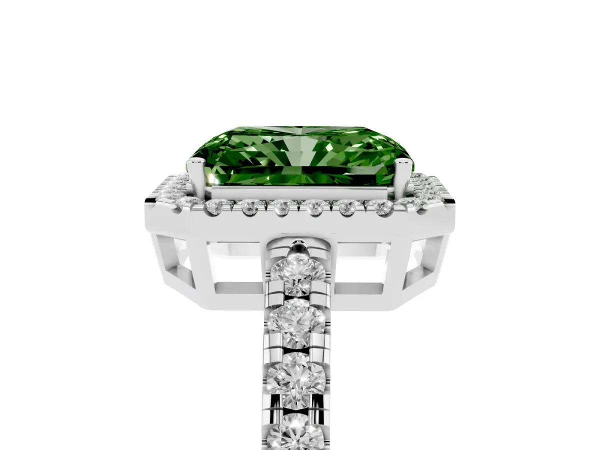 Fancy Green Radiant Cut Diamond Halo Ring with Pavé Band and Four-Prong Setting Platinum