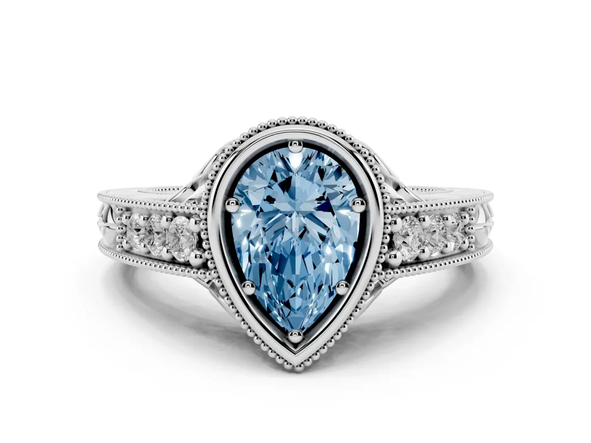 Fancy Blue Bezel Set Pear Cut Diamond Milgrain Pave Engagement Ring White gold