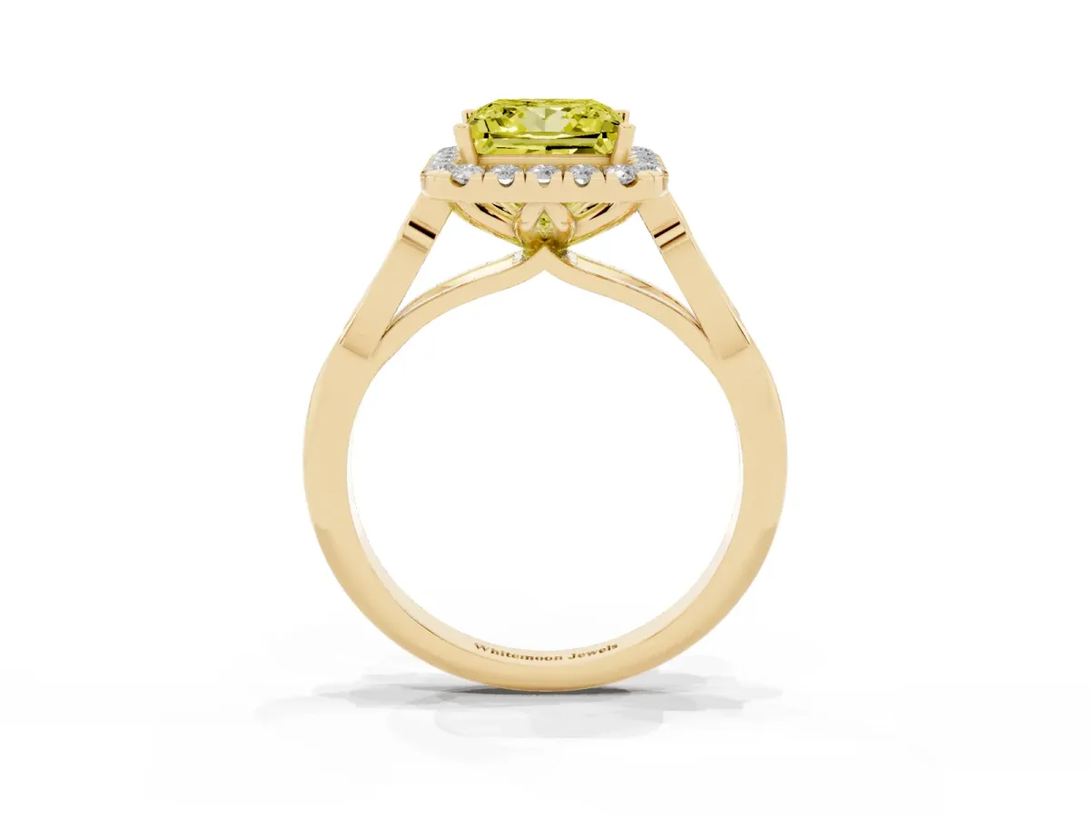 Fancy Yellow Princess Cut Halo Diamond Engagement Ring with Filigree Band and Four-Prong Setting Yellow gold