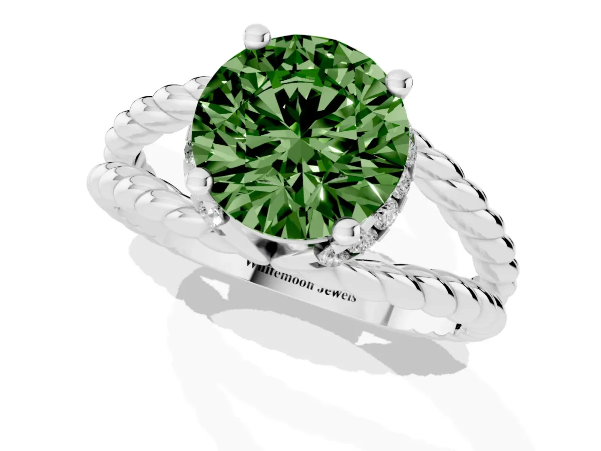Fancy Green Round Cut Halo Twisted Band Four-Prong Ring Silver