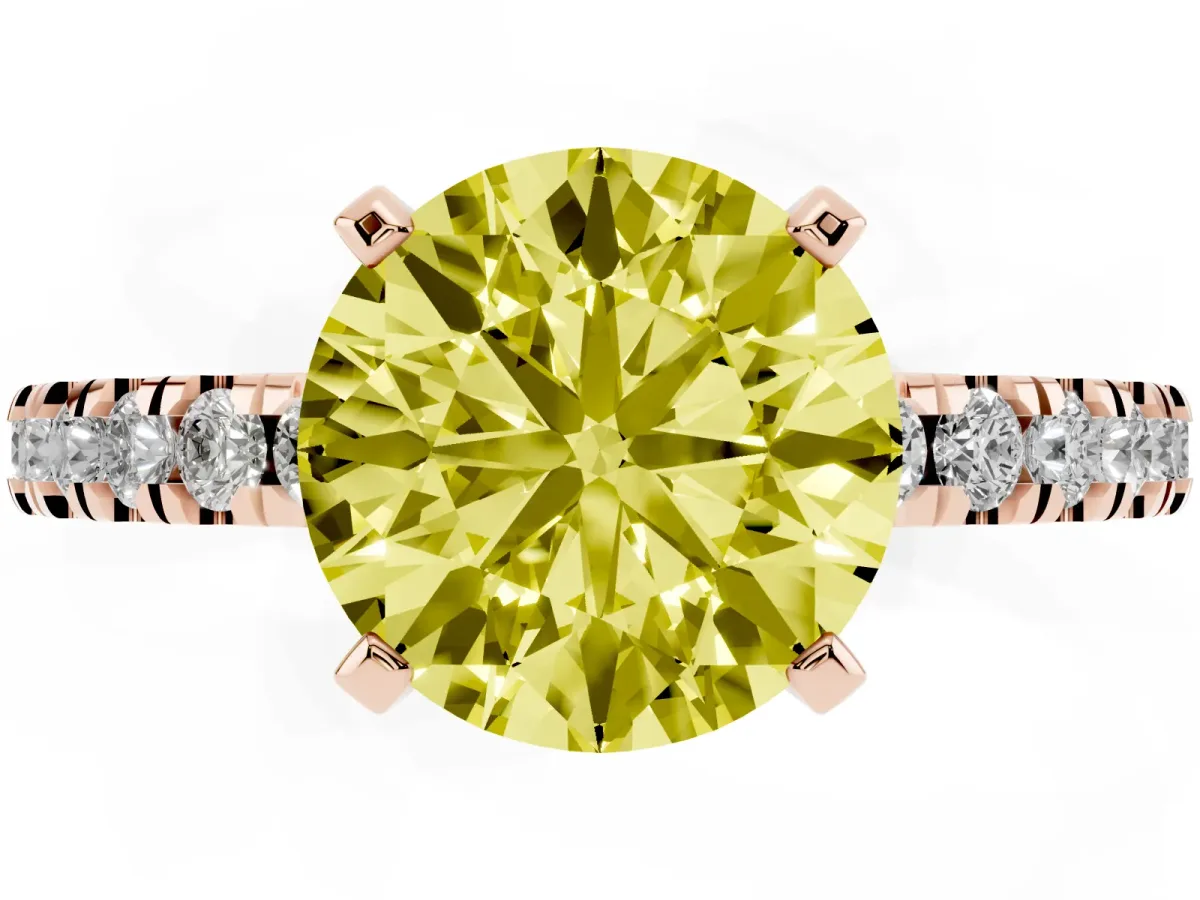 Fancy Yellow Round Cut Solitaire Diamond with Pavé Band and Four-Prong Setting Rose gold