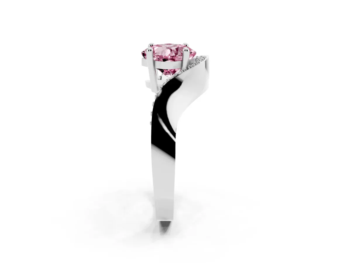 Fancy Pink Cushion Cut Solitaire Diamond Engagement Ring with Pave Band and Four-Prong Setting Silver