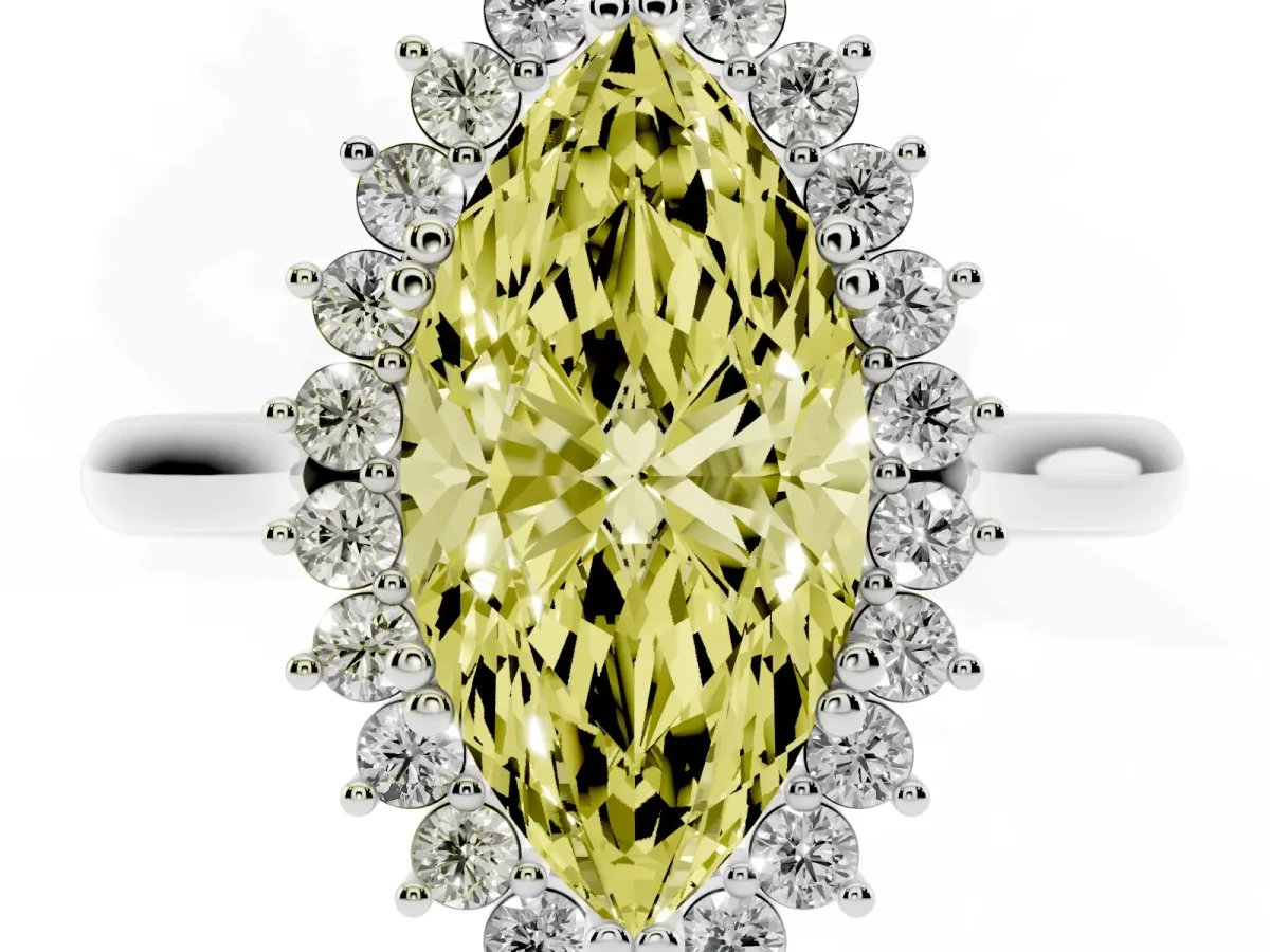 Fancy Yellow Marquise Cut Cut Diamond Halo Ring with Solitaire Band and Prong Setting Silver
