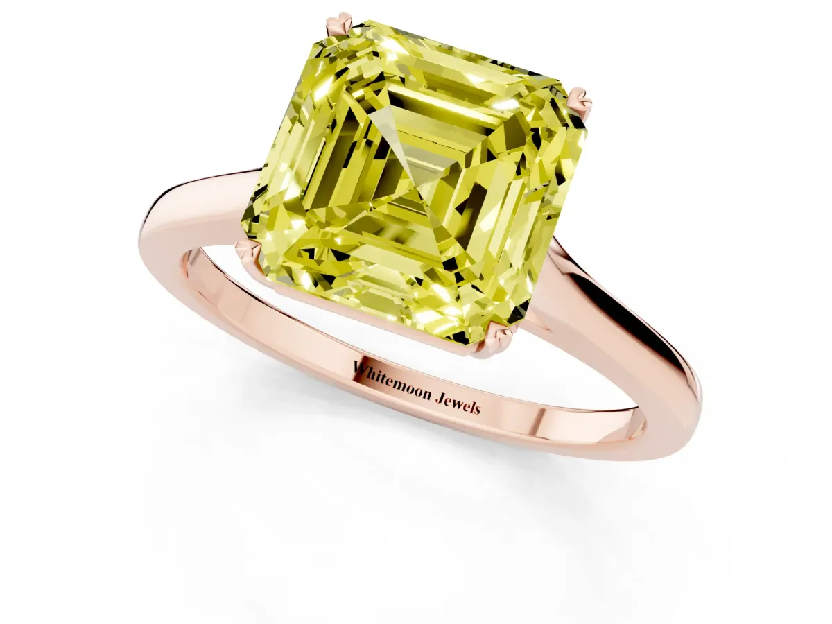 Fancy Yellow Asscher Cut Solitaire Heart Prong Engagement Ring with Tapered Band Rose gold