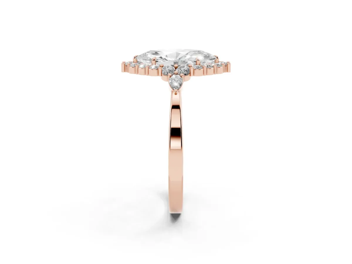 Marquise Cut Diamond Halo Ring with Pear Side Stones and Prong Setting Rose gold