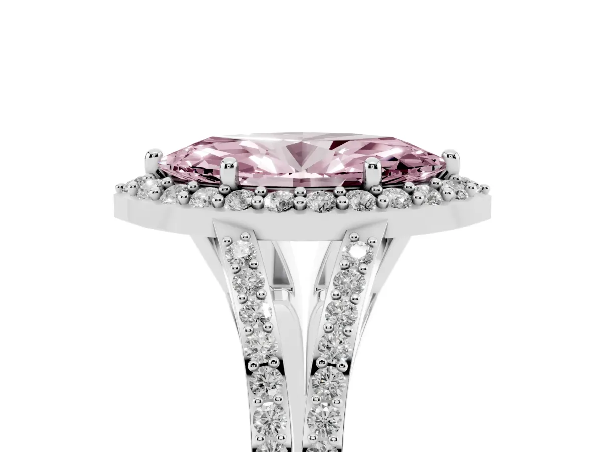 Fancy Pink Marquise Cut Halo Split Shank Pave Diamond Ring with Four-Prong Setting Platinum