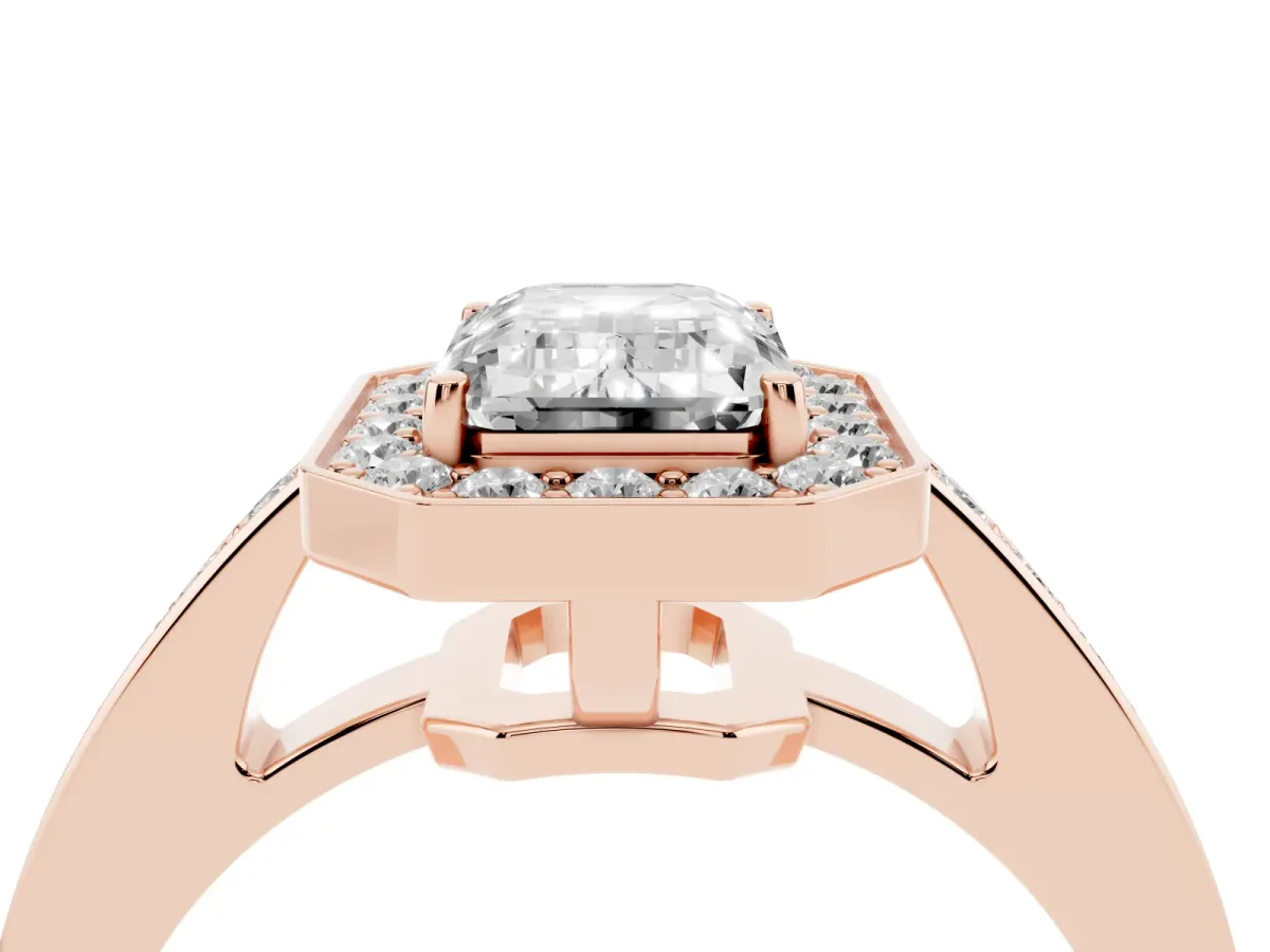 Emerald Cut Halo Pavé Diamond Engagement Ring with Bezel Setting Rose gold