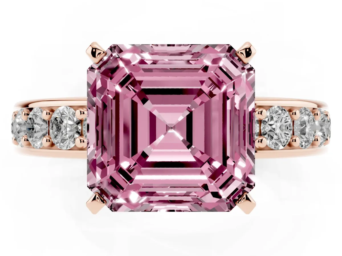 Fancy Pink Asscher Cut Diamond Engagement Ring with Channel Set Round Band and Prong Setting Rose gold