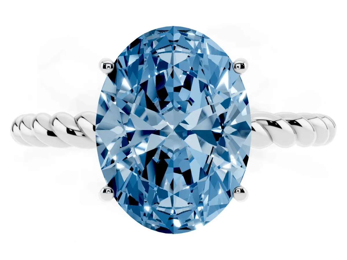 Fancy Blue Oval Cut Solitaire Twist Band Ring with Four-Prong Setting White gold