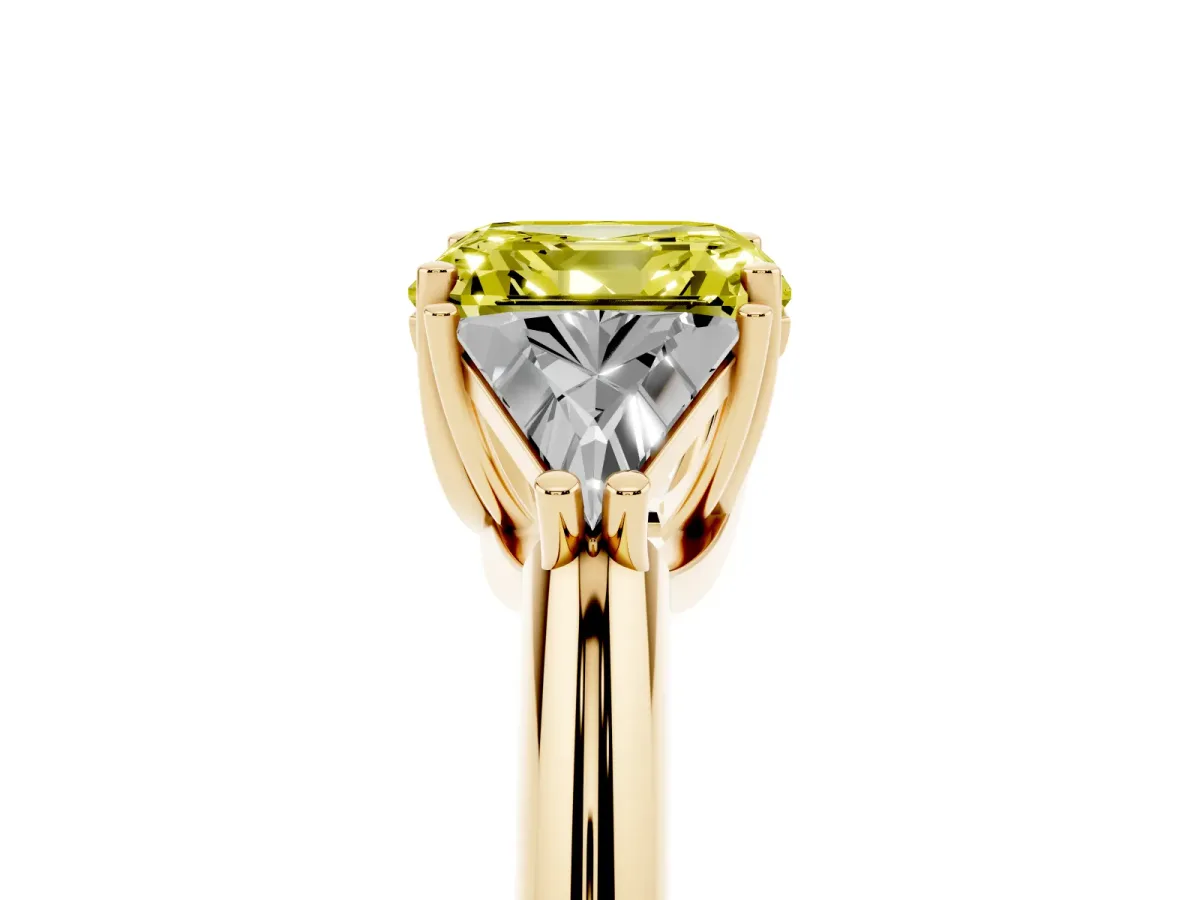 Fancy Yellow Three-Stone Asscher Cut Diamond Engagement Ring with Trillion Side Stones and Prong Setting Yellow gold