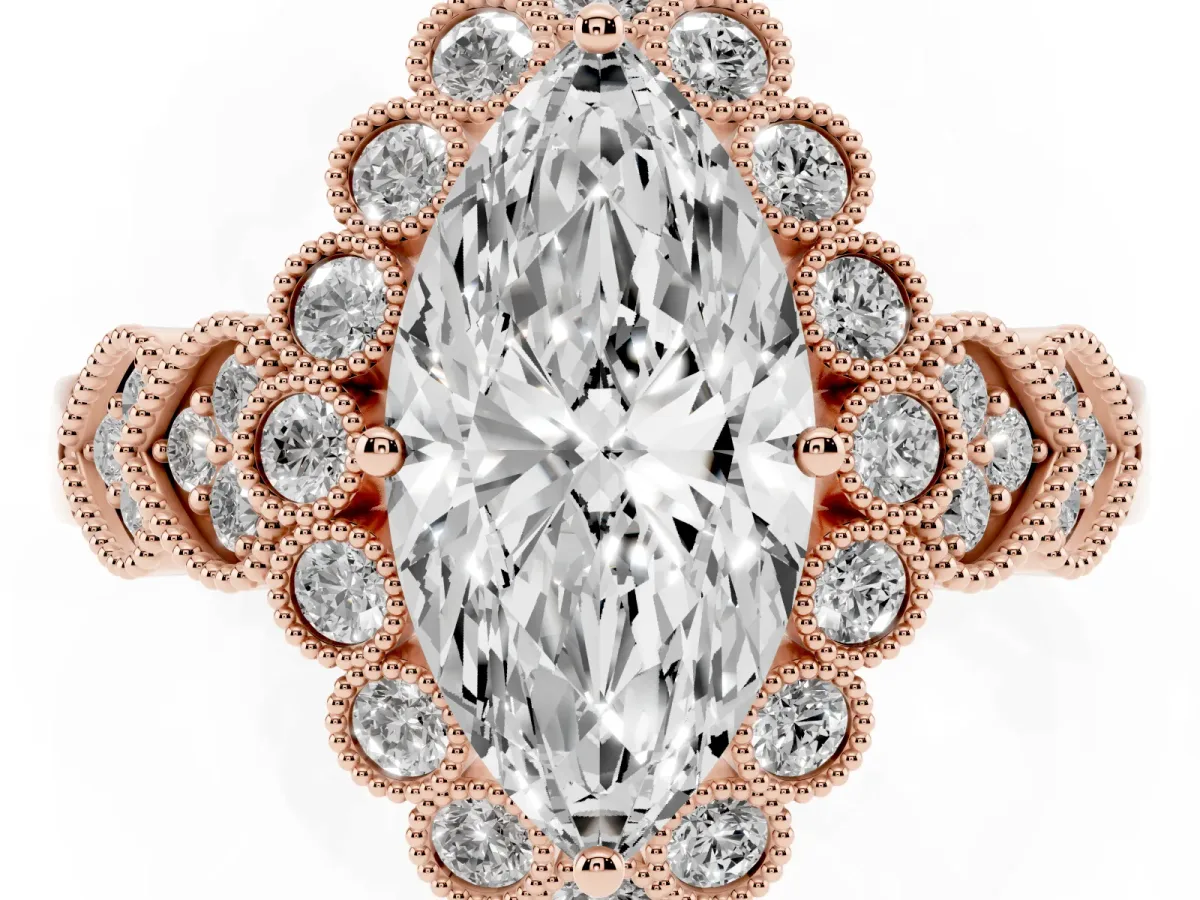Marquise Cut Brilliant Milgrain Pave Heart Band Solitaire Ring Rose gold