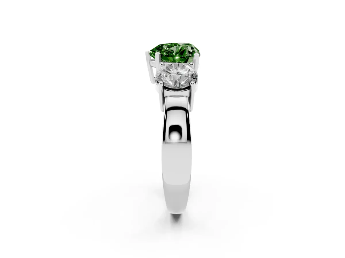 Fancy Green Three-Stone Heart Cut Diamond Ring with Round Side Stones, Classic Band, and Four-Prong Setting White gold