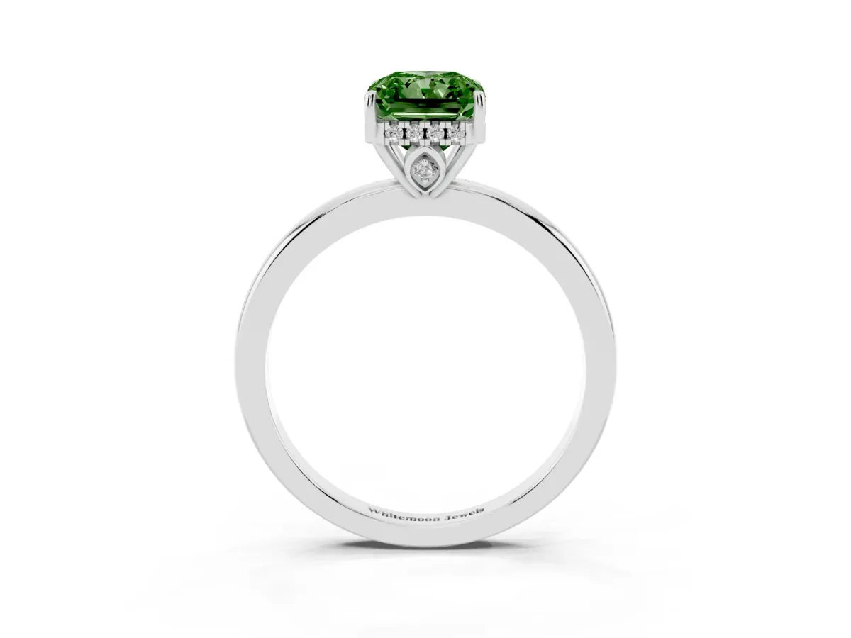 Fancy Green Radiant Cut Solitaire Diamond Ring with Prong Setting and Plain Band White gold