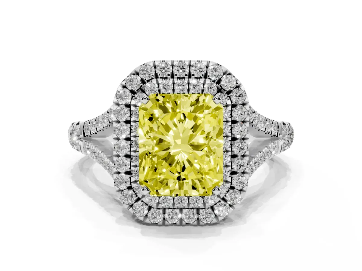 Fancy Yellow Radiant Cut Diamond Double Halo Ring with Split Shank and Prong Setting Platinum