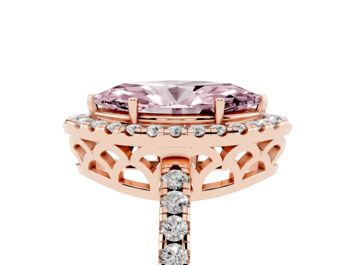 Fancy Pink Marquise Cut Halo Diamond Engagement Ring with Pavé Band and Four-Prong Setting Rose gold