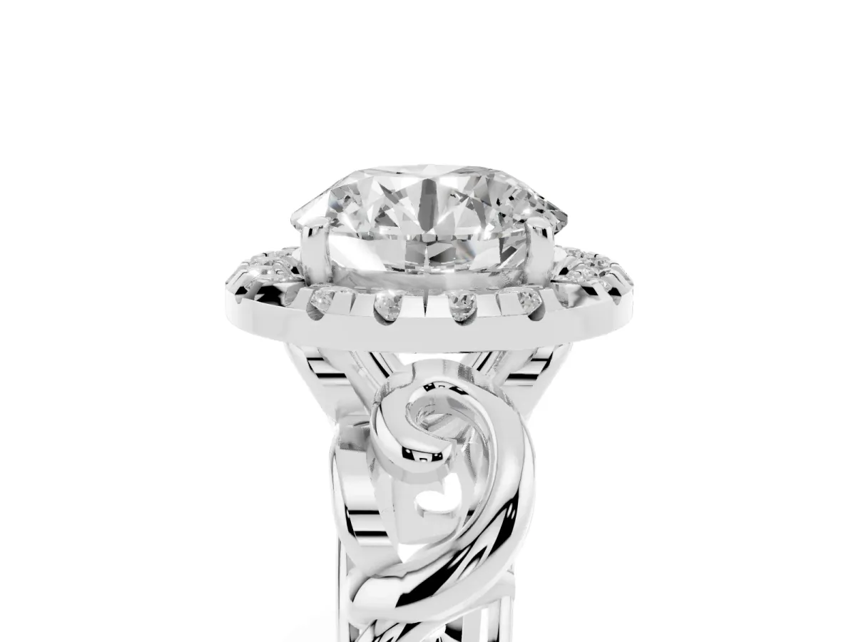 Round Cut Cut Halo Diamond Ring with Scrollwork Band and Four-Prong Setting Silver