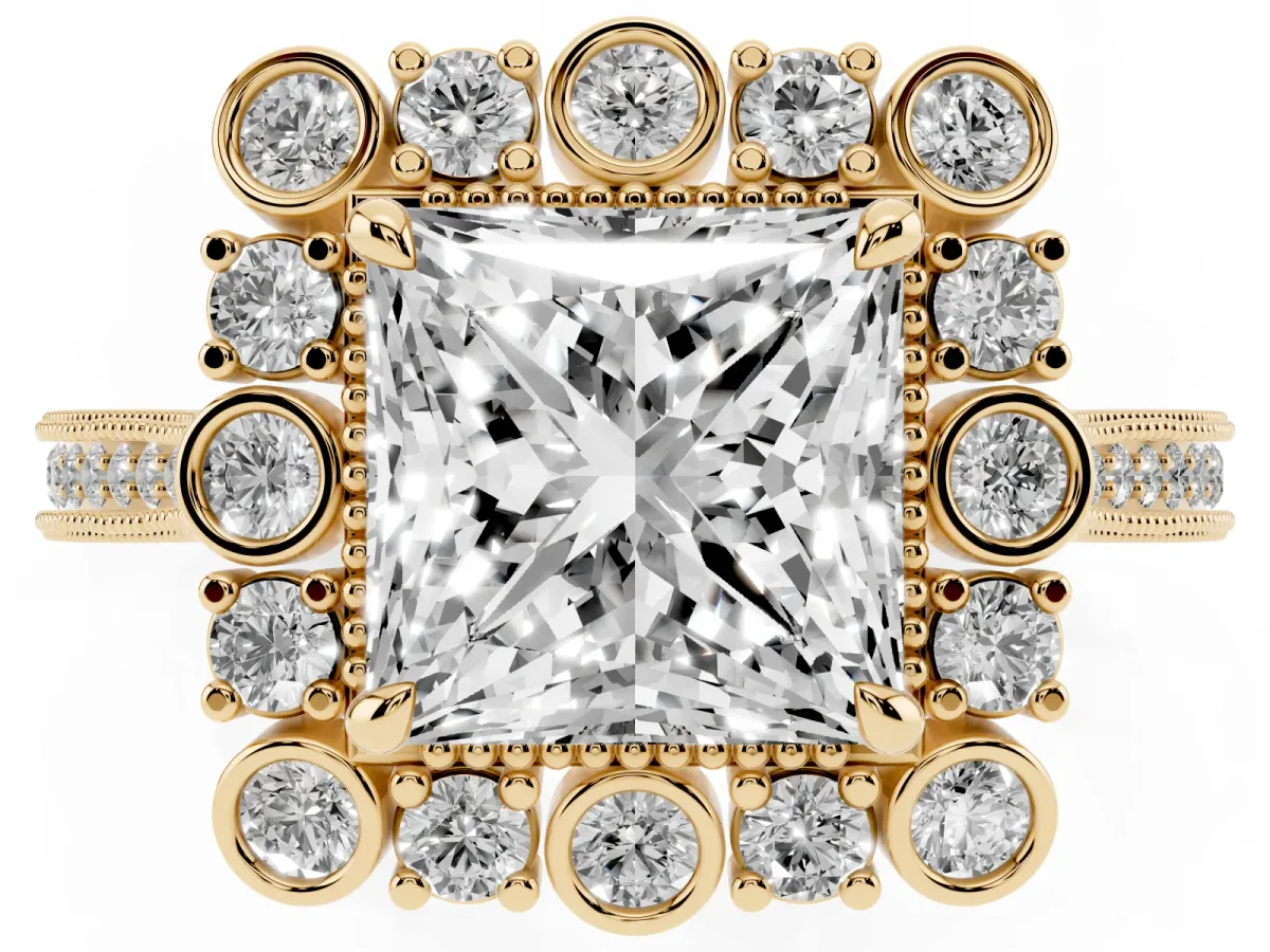Princess Cut Halo Milgrain Pave Diamond Ring with Four-Prong Setting Yellow gold