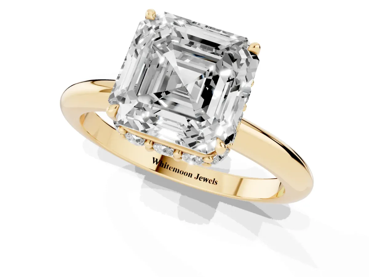 Asscher Cut Brilliant Solitaire Engagement Ring with Six-Prong Setting and Classic Band Yellow gold