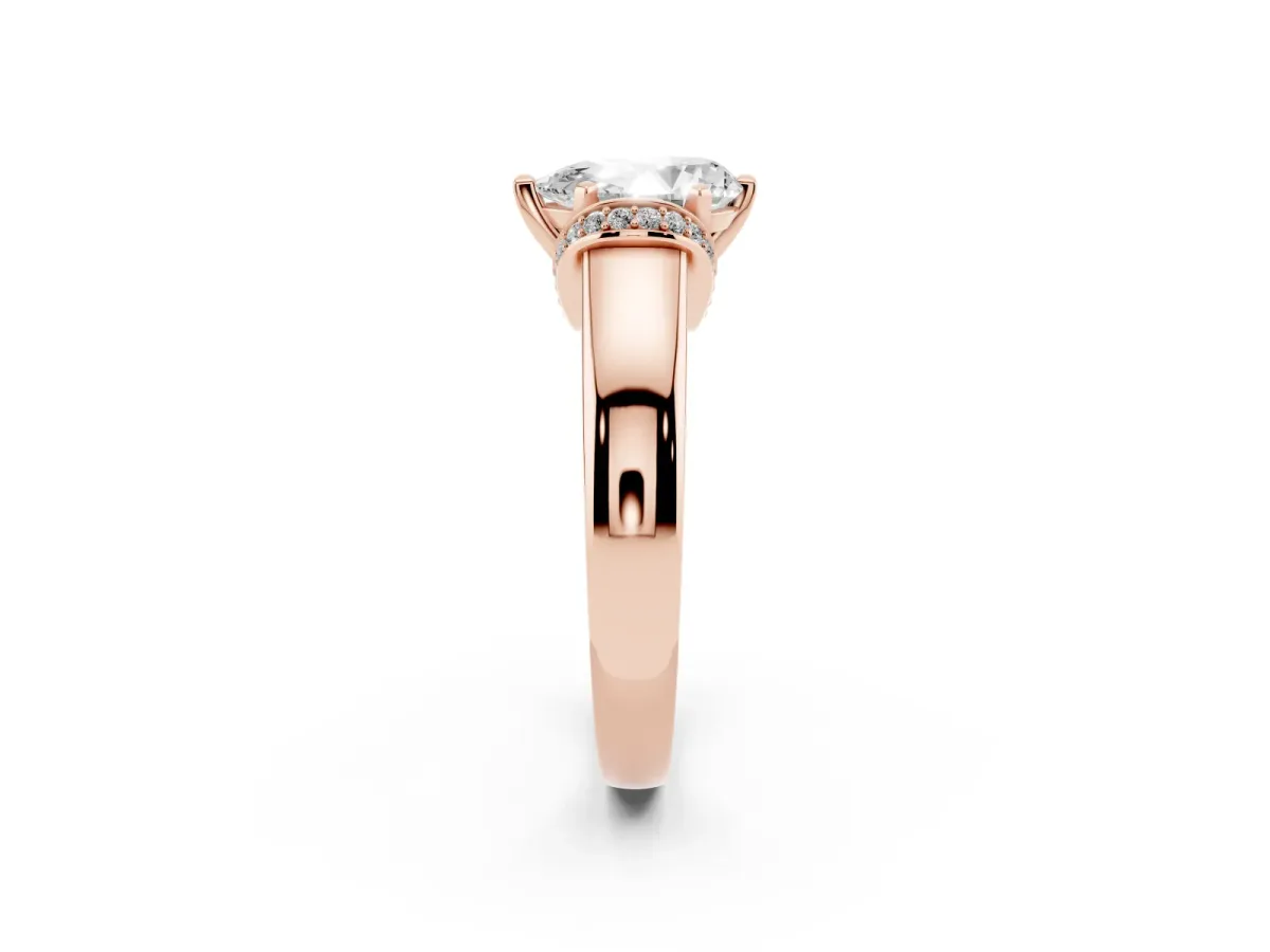 Pear Cut Solitaire Diamond Ring with Pave Band and Six-Prong Setting Rose gold