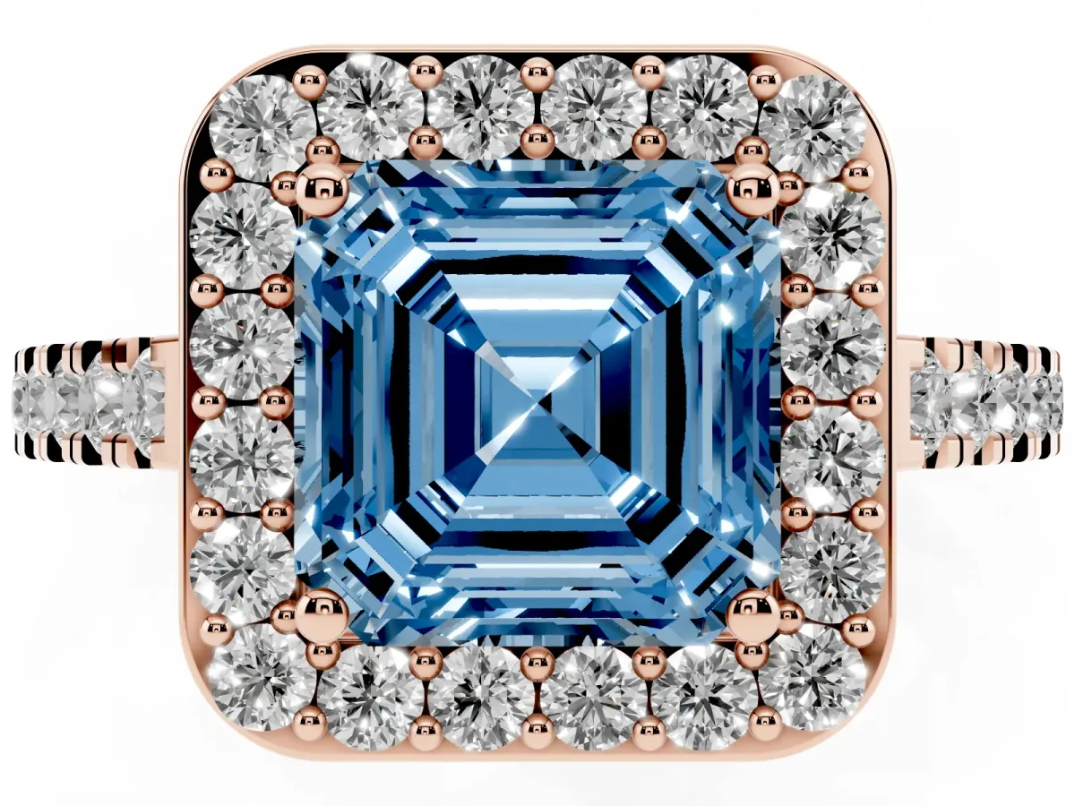 Fancy Blue Asscher Cut Diamond Halo Ring with Round Pavé Split Shank and Prong Setting Rose gold