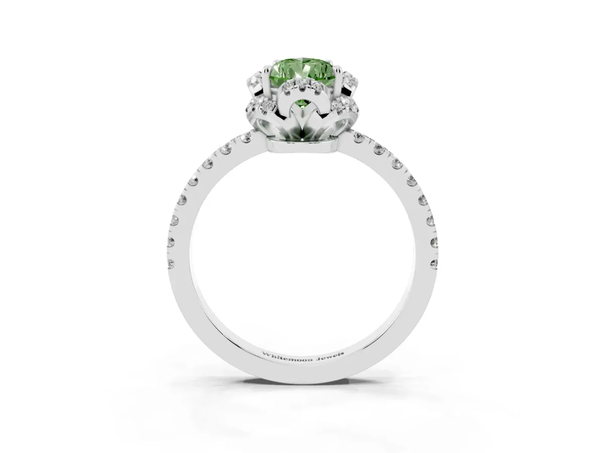 Fancy Green Pear Cut Halo Diamond Pave Band Ring with Four-Prong Setting Silver