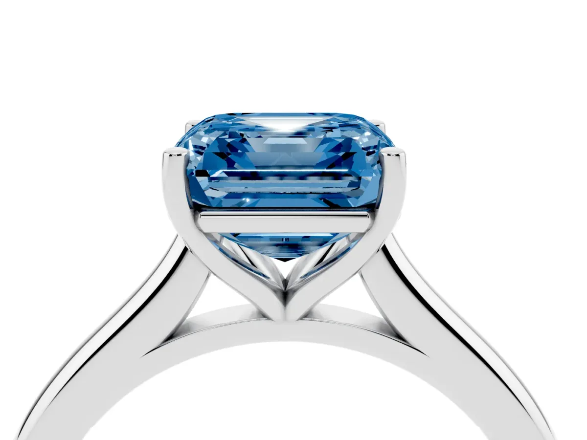 Fancy Blue Asscher Cut Cut Solitaire Ring with Cathedral Band and Four-Prong Setting Silver