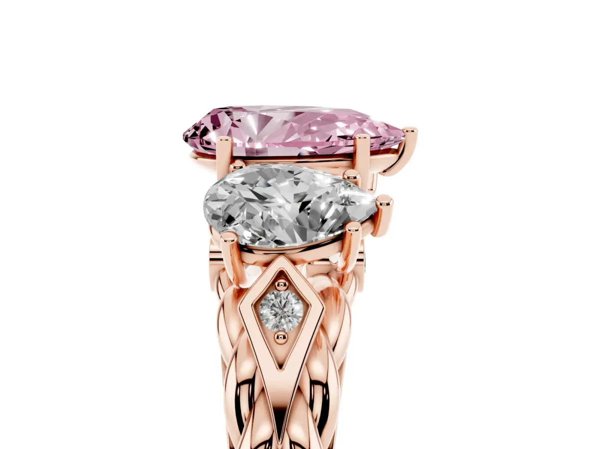 Fancy Pink Three-Stone Pear Cut Diamond Braided Band Ring with Four-Prong Setting Rose gold