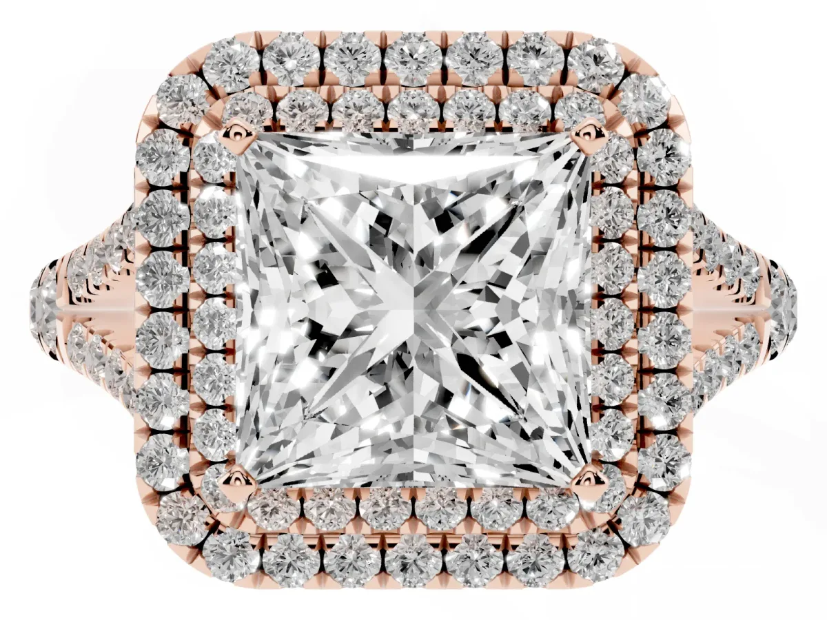 Princess Cut Cut Double Halo Split Shank Diamond Ring with Prong Setting Rose gold