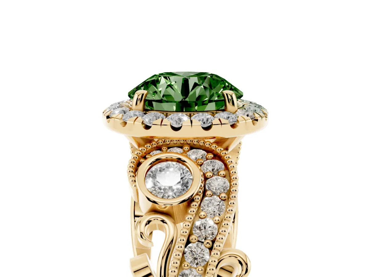 Fancy Green Round Cut Diamond Halo Ring with Milgrain Pavé Band and Four-Prong Setting Yellow gold