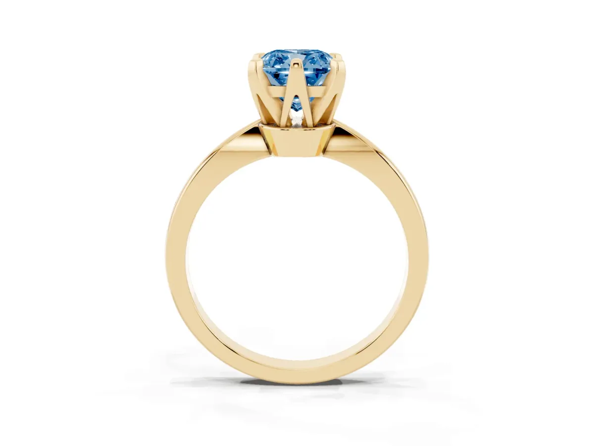 Fancy Blue Cushion Cut Solitaire Engagement Ring with Six-Prong Setting and Tapered Band Yellow gold