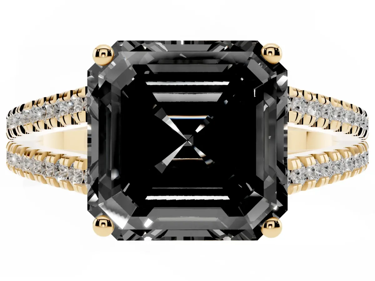 Fancy Black Asscher Cut Diamond Solitaire Engagement Ring with Split Shank Pavé Band Yellow gold