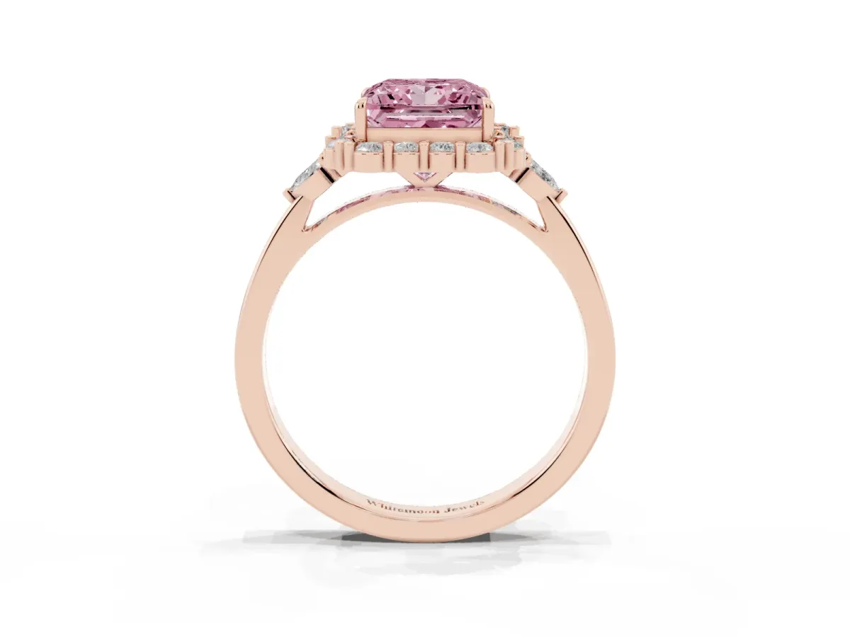 Fancy Pink Princess Cut Diamond Halo Ring with Pear Side Stones and Prong Setting Rose gold