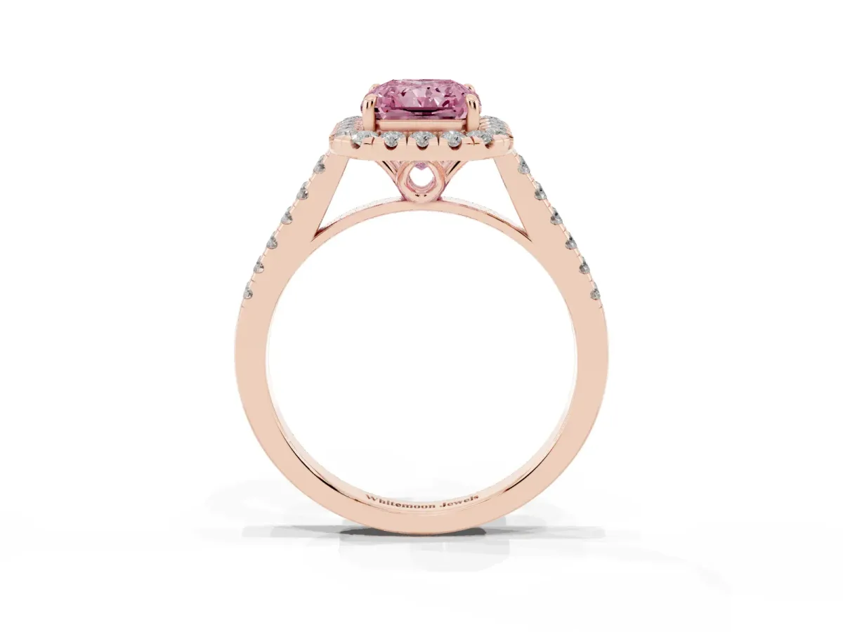 Fancy Pink Radiant Cut Halo Pavé Diamond Engagement Ring with Four-Prong Setting Rose gold