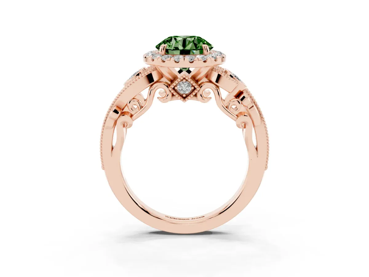 Fancy Green Round Cut Halo Diamond Ring with Milgrain and Bezel Accents on a Split Shank Band Rose gold