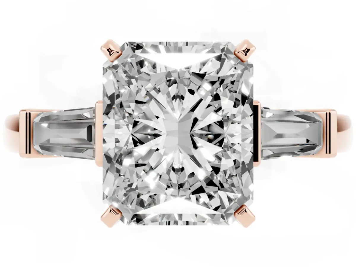 Radiant Cut Cut Diamond Solitaire Ring with Tapered Baguette Accents and Four-Prong Setting Rose gold