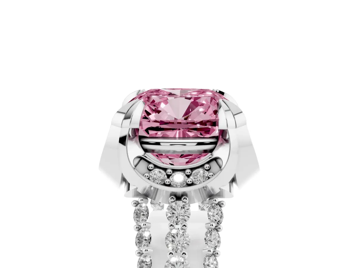 Fancy Pink Cushion Cut Solitaire Pave Split Shank Ring with Four-Prong Setting Silver