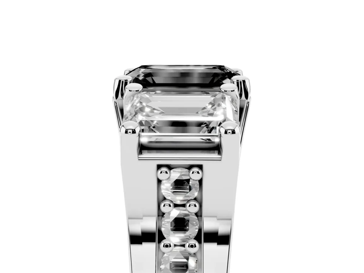 Fancy Black Emerald Cut Diamond Three-Stone Ring with Channel Set Band and Four-Prong Setting Silver