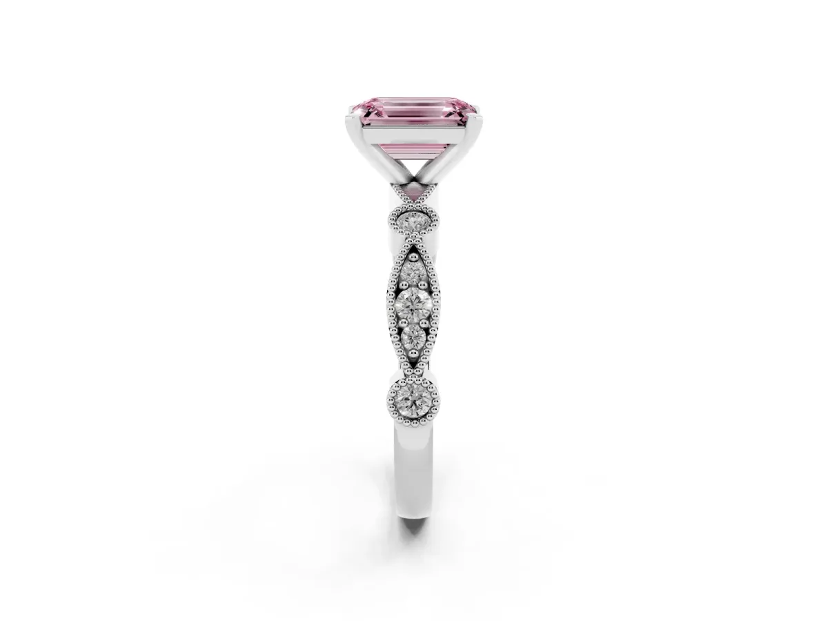 Fancy Pink Emerald Cut Milgrain Bezel Diamond Engagement Ring with Solitaire Prong Setting Silver