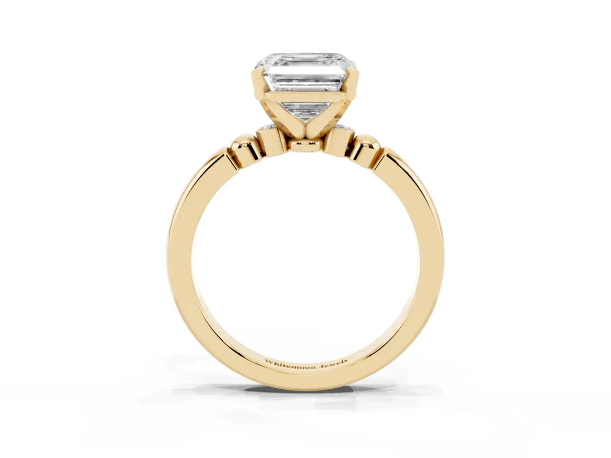 Asscher Cut Solitaire Beaded Band with Four-Prong Setting Yellow gold