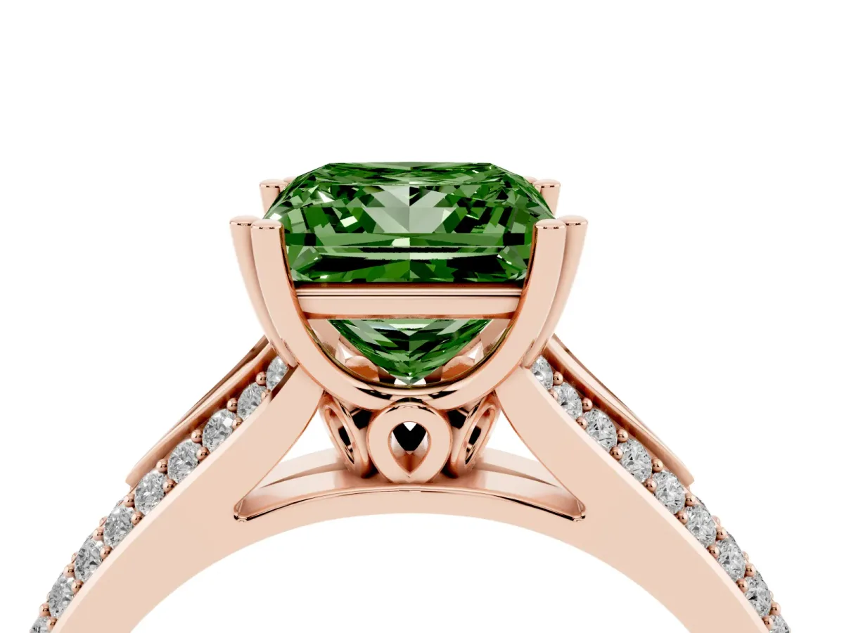 Fancy Green Princess Cut Diamond Split Shank Engagement Ring with Pavé Band Rose gold