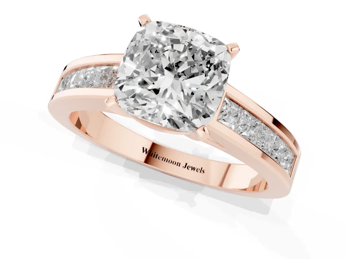 Cushion Cut Solitaire Diamond Ring with Channel-Set Band and Four-Prong Setting Rose gold