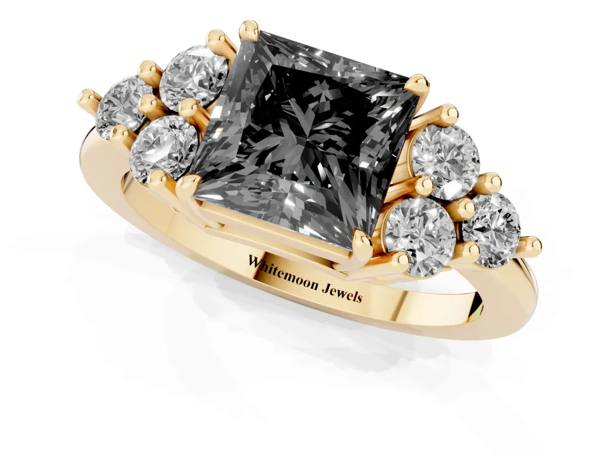 Fancy Black Princess Cut Brilliant Diamond Cluster Accent Solitaire Ring with Prong Setting Yellow gold