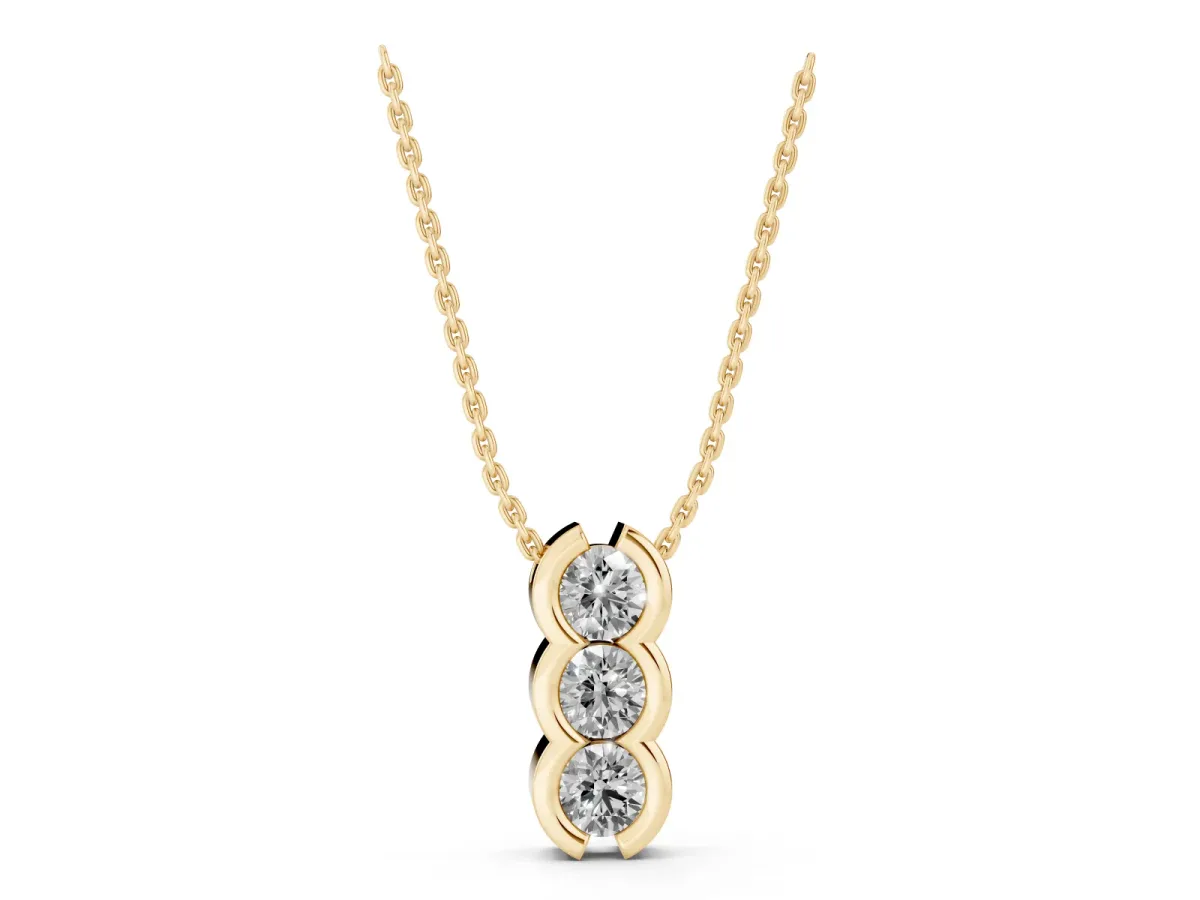 Three Stone Round Diamond Shared Prong Pendant Yellow gold