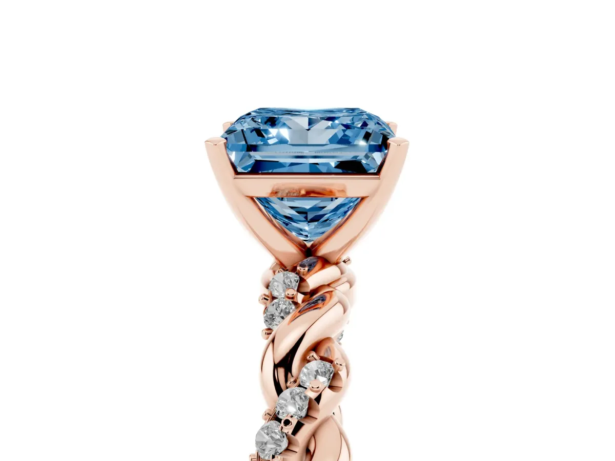 Fancy Blue Princess Cut Diamond Solitaire Ring with Twisted Band and Pavé Accents Rose gold