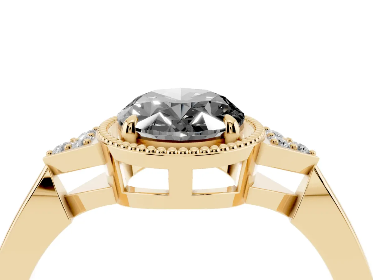 Fancy Black Hexagonal Halo Oval Cut Diamond Solitaire with Pavé Band and Four-Prong Setting Yellow gold