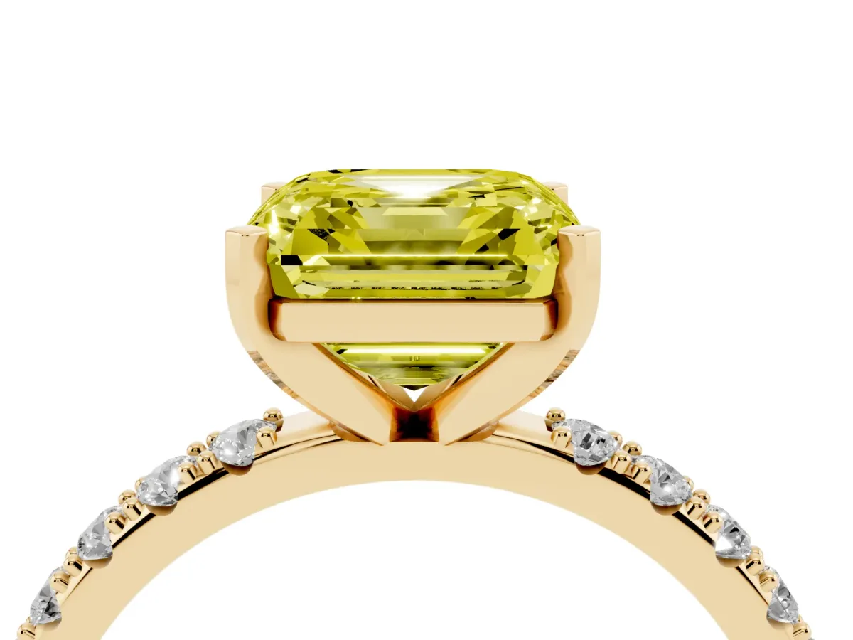 Fancy Yellow Asscher Cut Diamond Solitaire Pavé Band with Four-Prong Setting Yellow gold