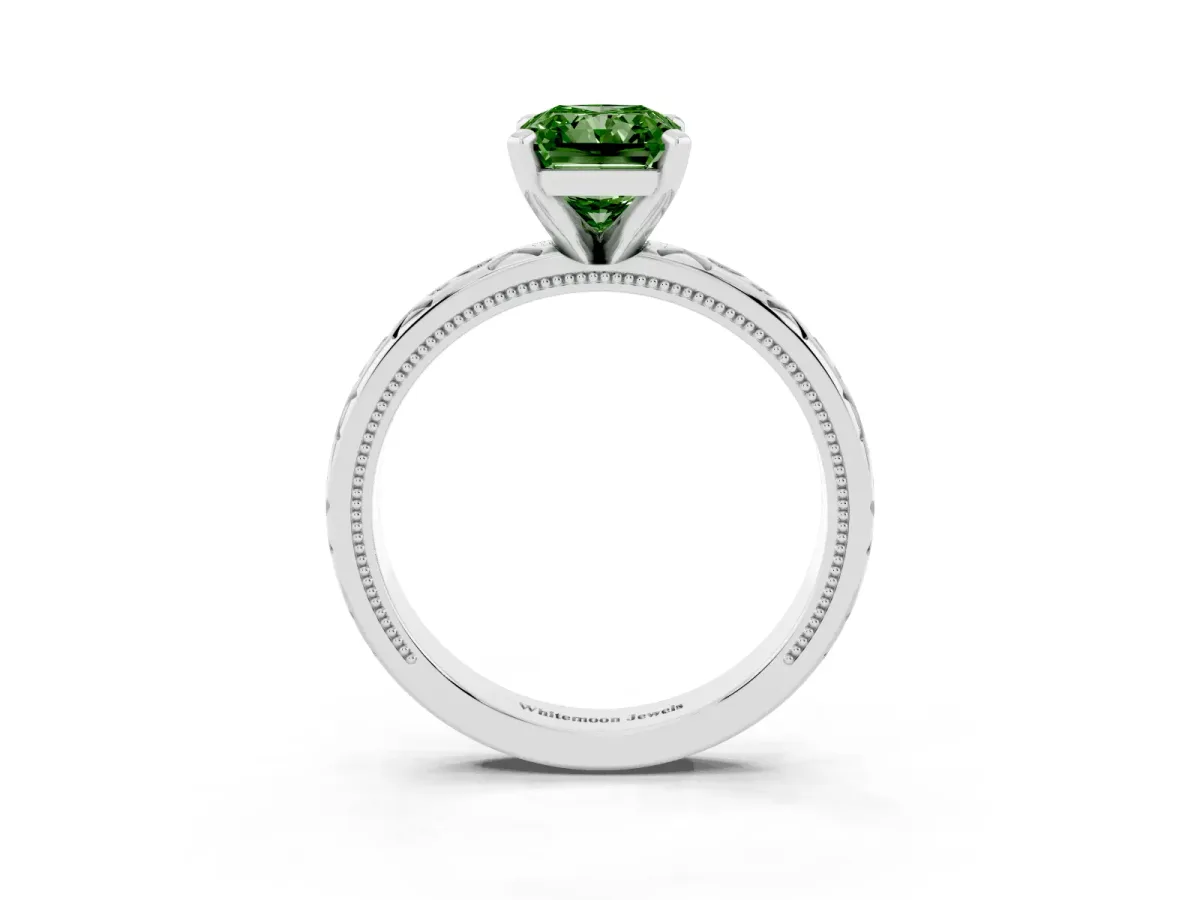 Fancy Green Radiant Cut Solitaire Engagement Ring with Scrollwork Band and Four-Prong Setting Silver