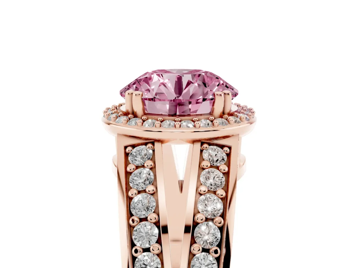 Fancy Pink Round Cut Diamond Halo Ring with Split Shank Pavé Band and Four-Prong Setting Rose gold