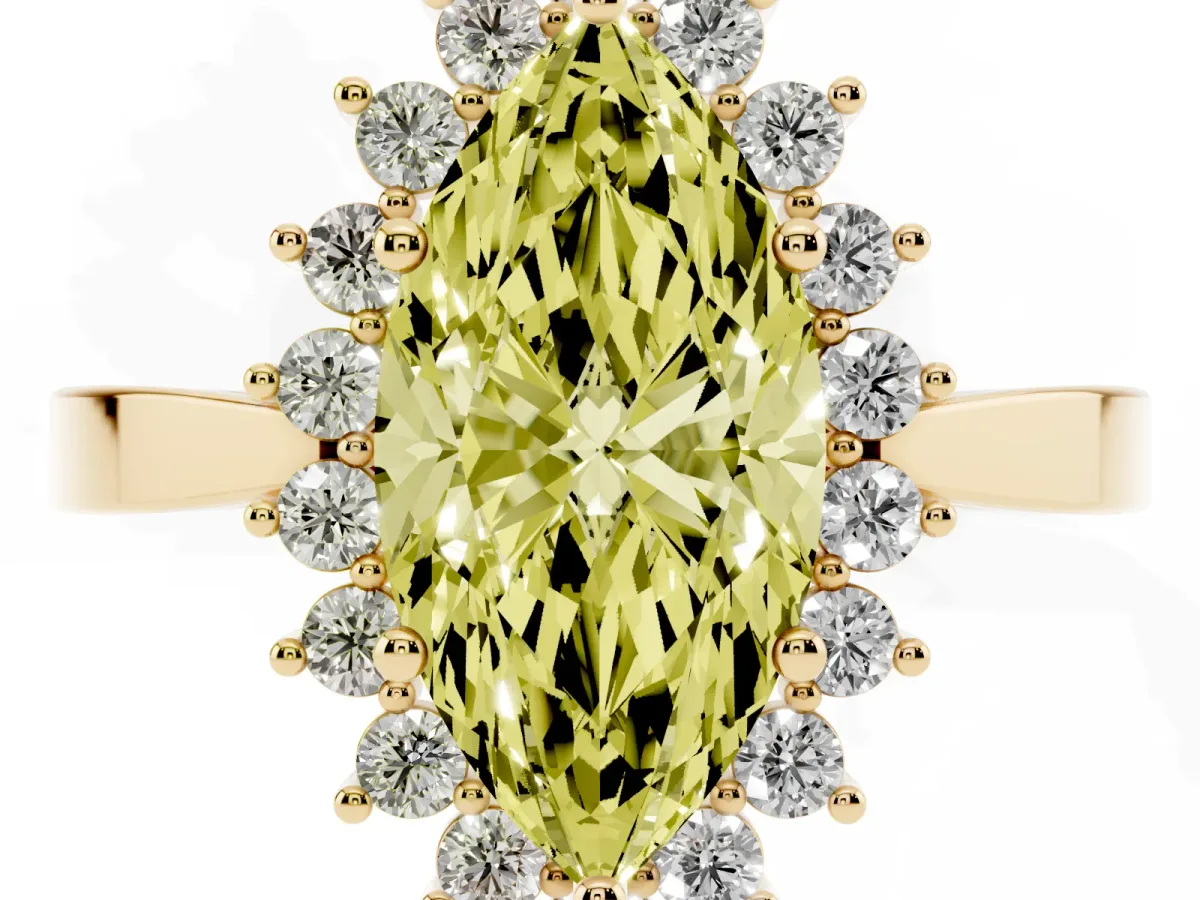 Fancy Yellow Marquise Cut Cut Diamond Halo Ring with Round Brilliant Halo and Solitaire Band Yellow gold
