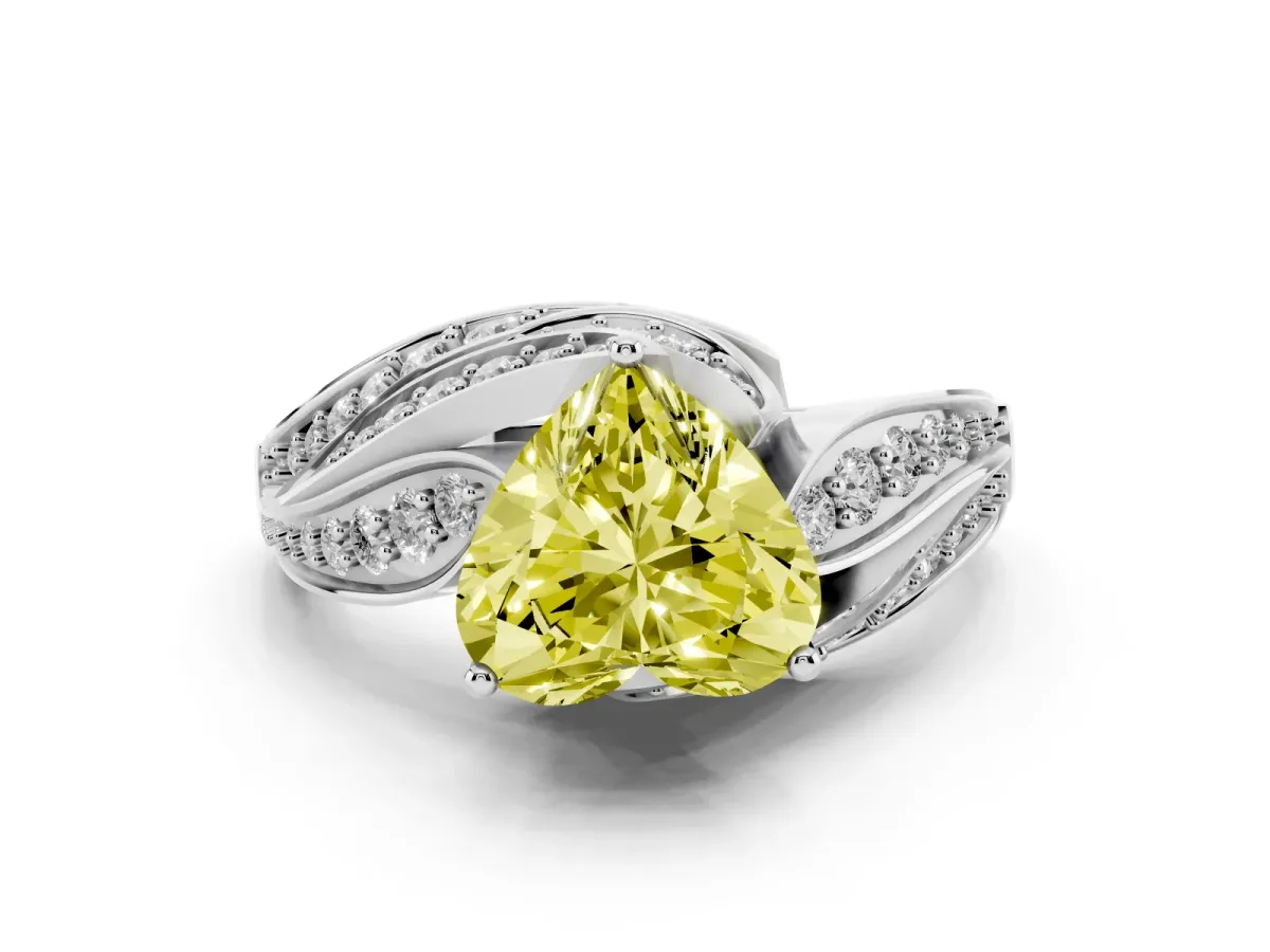 Fancy Yellow Heart Cut Diamond Solitaire Ring with Prong Setting and Twisted Pavé Band White gold